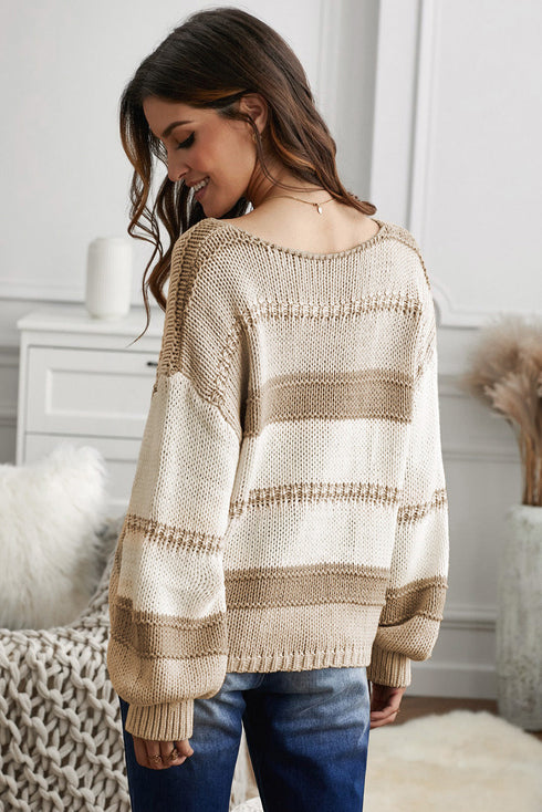 V-Neck Knitted Lantern Sleeve Pullover Sweater